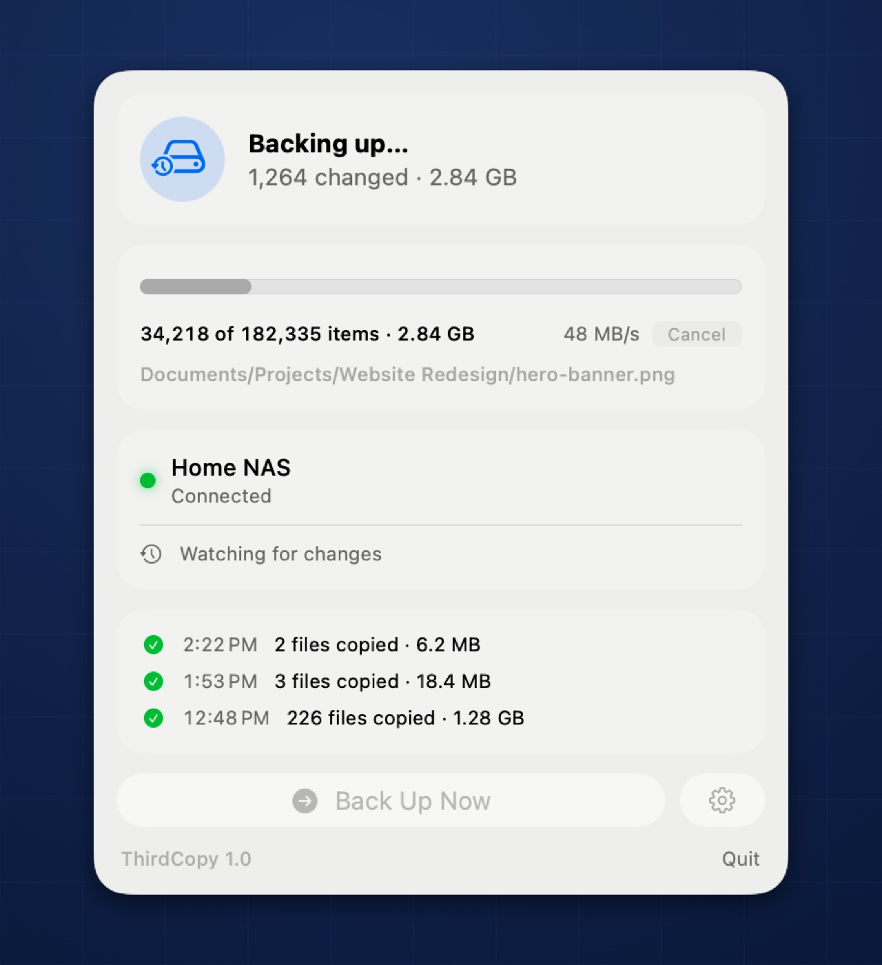 ThirdCopy backing up live: 34,218 of 182,335 items at 48 MB per second with a progress bar
