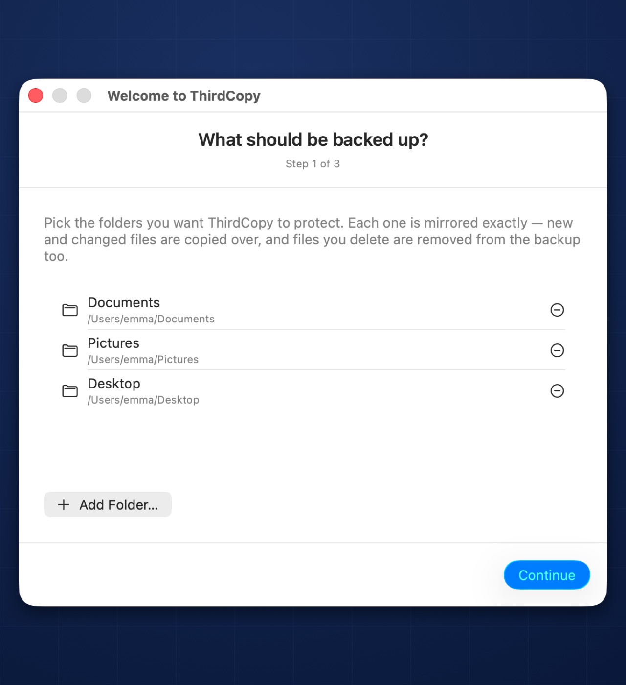 ThirdCopy three-step setup: choosing Documents, Pictures, and Desktop folders to back up